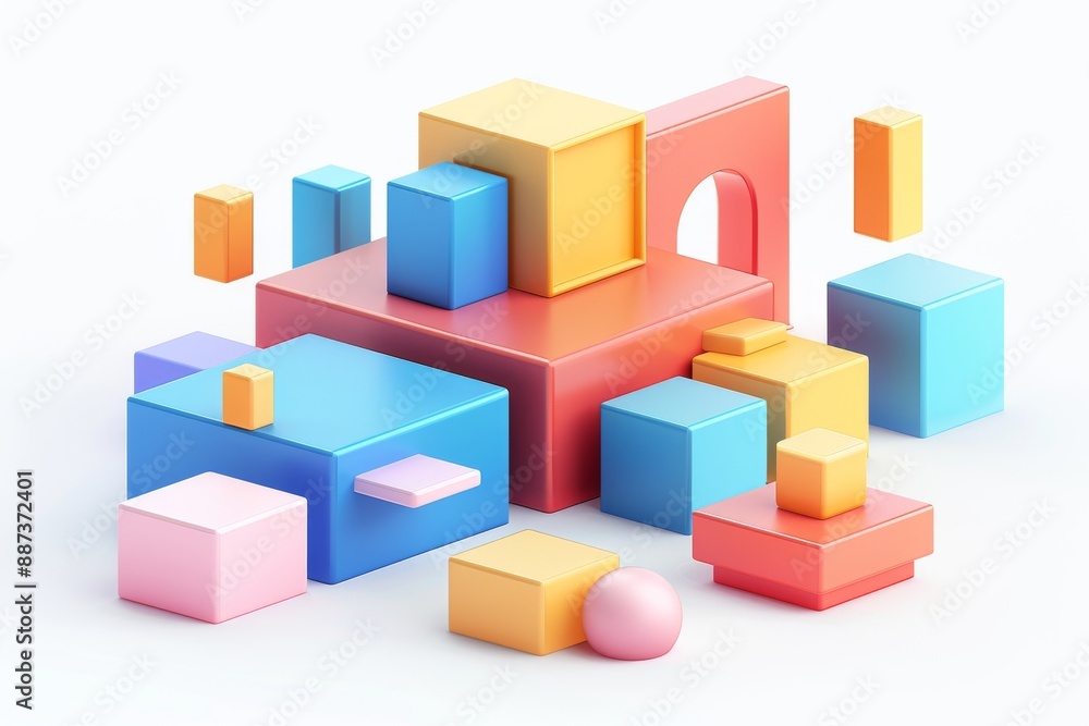 Obraz premium Abstract Futuristic 3D Render Minimalistic Style with Floating Geometric Shapes Isometric Design, Light Color Theme, Bright Background, and Soft Lighting