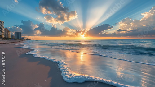sunrise with beam light over the sky on the beach
