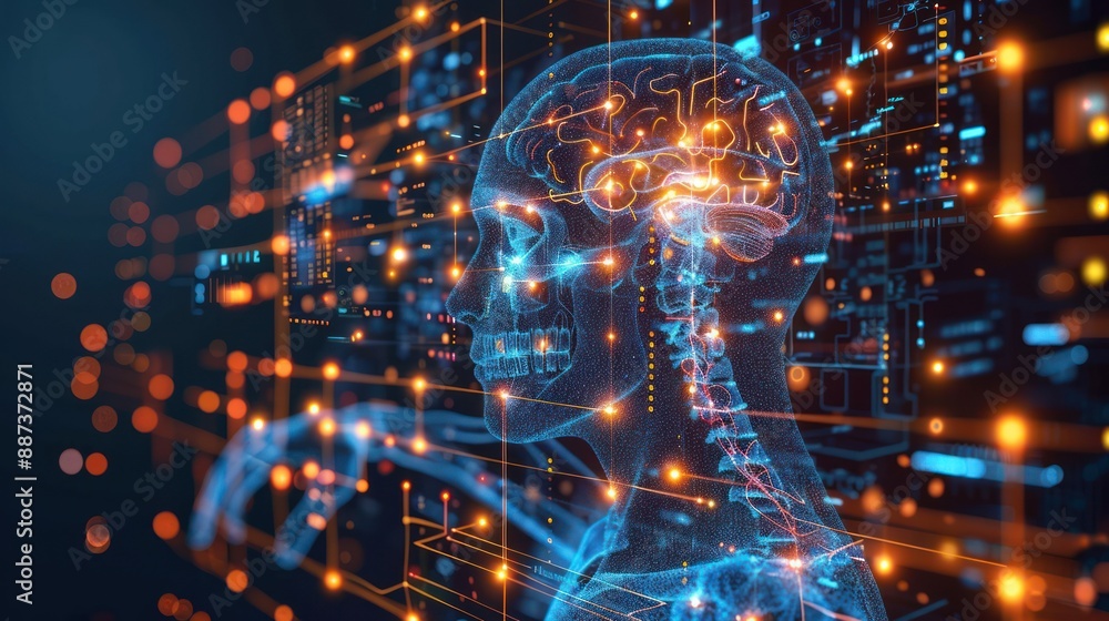 Digital Human with Glowing Brain and Data Stream Digital Human with Glowing Brain and Data Stream