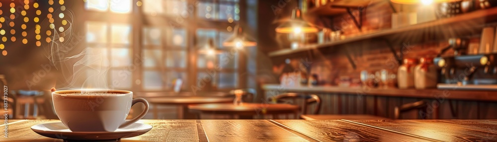 Freshly brewed coffee in a rustic cafe setting, steam rising, warm lightingVector illustration Freshly brewed coffee in a rustic cafe setting, steam rising, warm lightingVector illustration