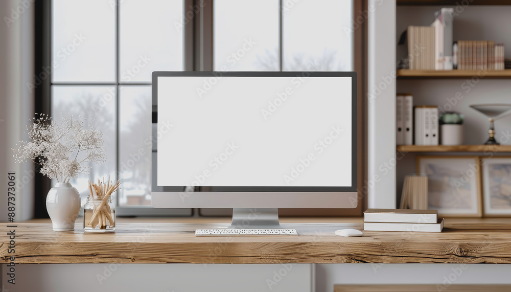 Minimalistic home office with modern desktop computer, wooden desk, bookshelf, natural light Minimalistic home office with modern desktop computer, wooden desk, bookshelf, natural light