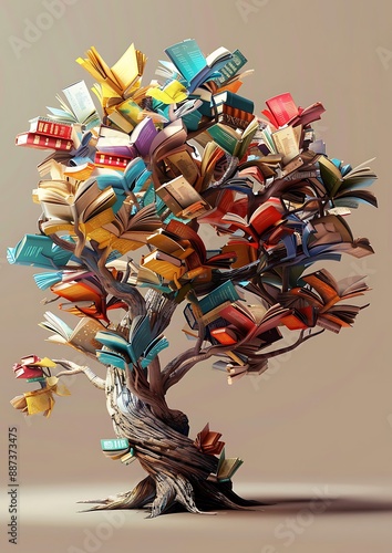 beautiful 3D tree with books as leaves each leaf colorful tome set against solid taupe background. The image is symbol of the spread of knowledge. photo