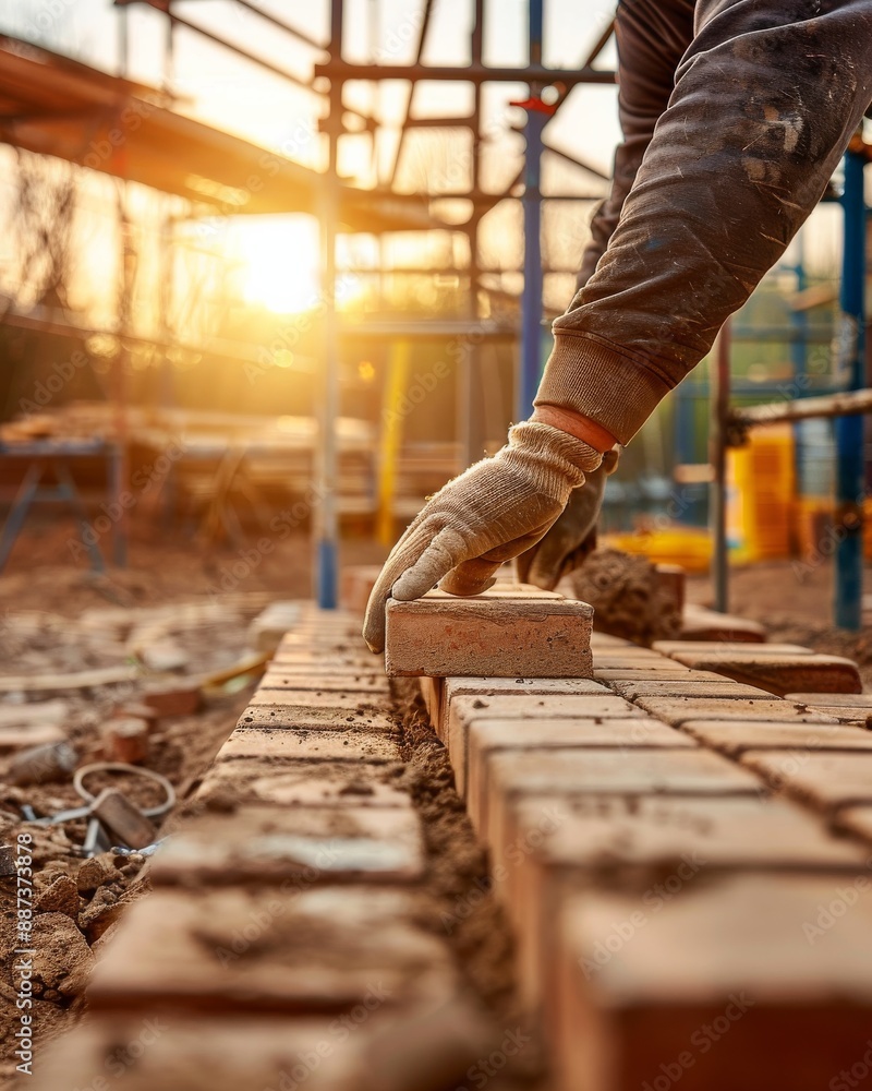 A construction worker wearing gloves arranges bricks at a construction site during sunset, showcasing the meticulous work and natural light involved in construction process. A construction worker wearing gloves arranges bricks at a construction site during sunset, showcasing the meticulous work and natural light involved in construction process.