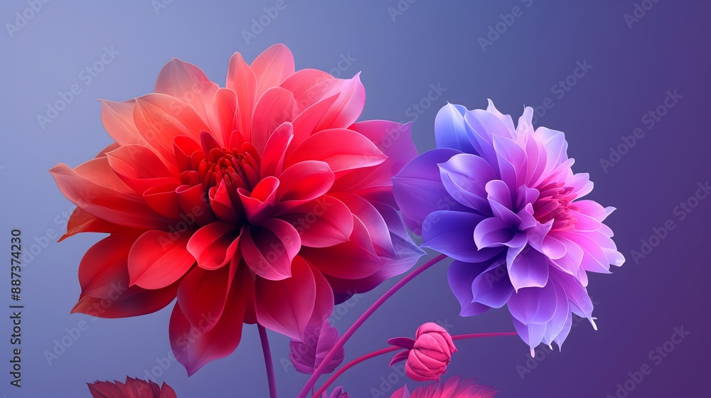 Obraz premium A vibrant, romantic background featuring pink and red hues, blue flower close-ups, and a decorative, isolated flower wallpaper.