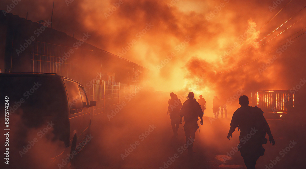 Naklejka premium 火災現場から濃い煙の中を避難する人々