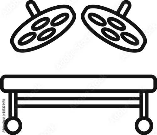 Line drawing of a surgical table with overhead lights shining down, representing a sterile and prepared operating room