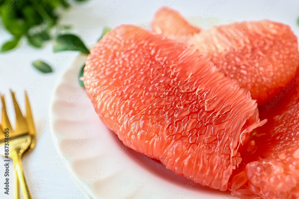 Grapefruit Ruby of Siam,Siam ruby grapefruit, tabtimsiam pomelo, red pomelo, in white plate on white table background, Grapefruit Ruby of Siam,Siam ruby grapefruit, tabtimsiam pomelo, red pomelo, in white plate on white table background,