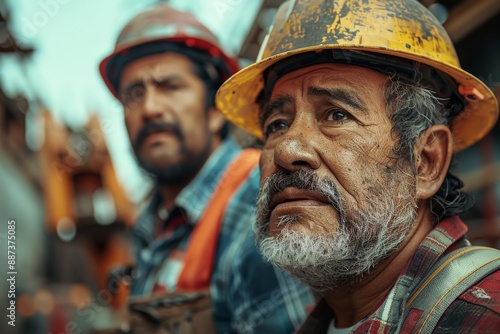 An elderly worker wearing a yellow helmet in a gritty construction site, showcasing the themes of labor, experienced craftsmanship, determination, and the passage of time.