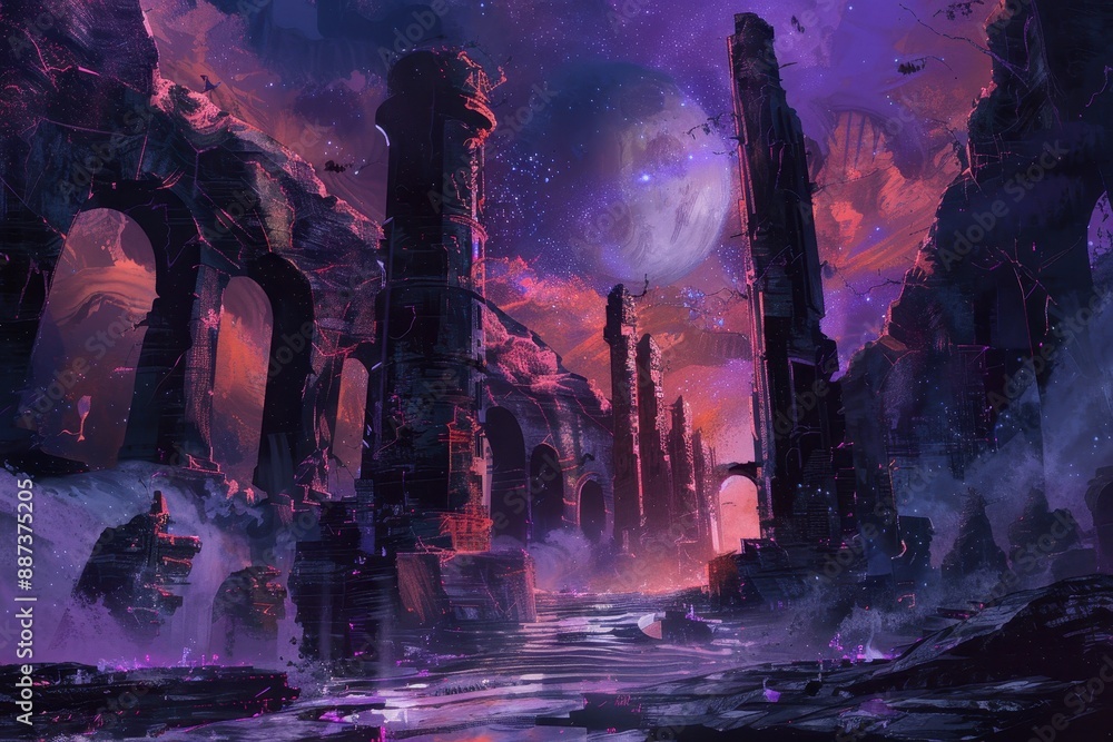 Fototapeta premium Ancient alien ruins under a purple starry sky with a pink moon