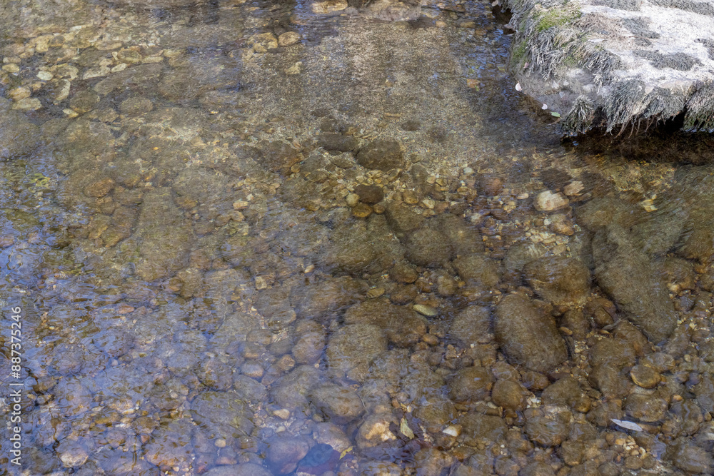 A shallow riverbed with an exposed rocky bottom, a small stream and a flow of water, autumn in nature A shallow riverbed with an exposed rocky bottom, a small stream and a flow of water, autumn in nature