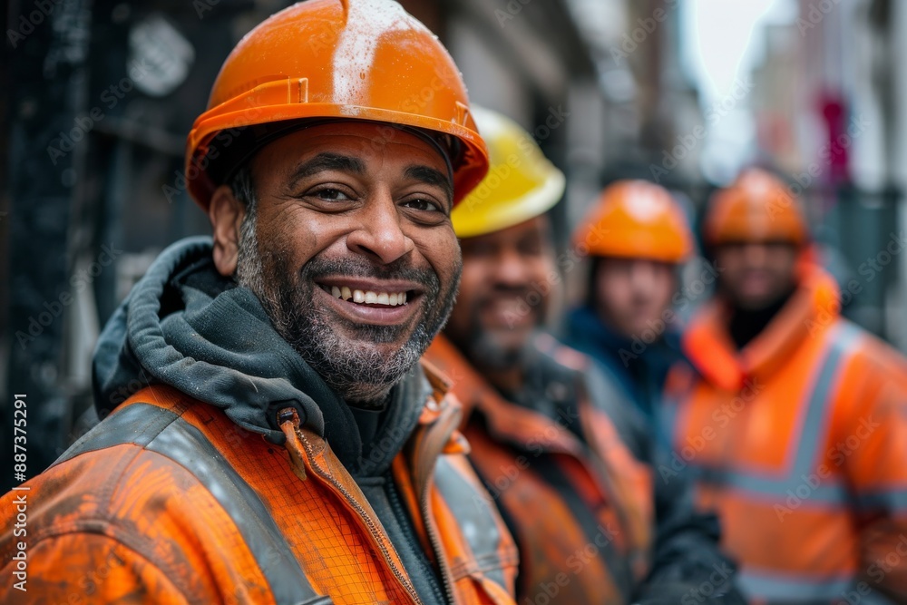 A smiling construction worker in an orange helmet and safety jacket, portraying joy and satisfaction in their work, surrounded by colleagues in the background. A smiling construction worker in an orange helmet and safety jacket, portraying joy and satisfaction in their work, surrounded by colleagues in the background.