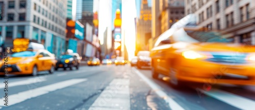   a city street featuring taxi cabs and one taxicab parked on the curb