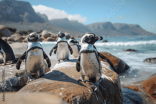 African Penguins at Boulders Beach in Cape Town with Ocean and Mountain View