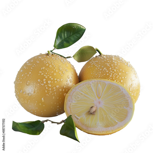 Fresh lemons with water drops and green leaves on white background photo