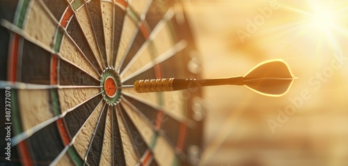 a dart hitting the bullseye on dartboard, symbolizing precision, focus, and accuracy in achieving goals, with warm sunlight in the background. challenges is crucial to reaching our performance targets