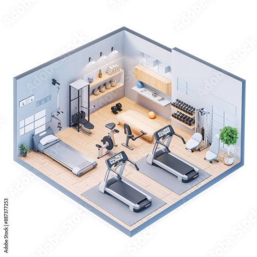 3D Render of a Smart Health and Wellness Center with Connected Fitness Equipment, on isolated white background, Generative AI