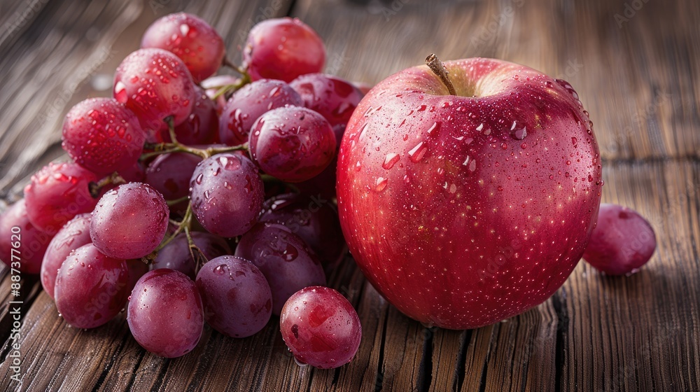 Japanese Fuji Apple and Red Grapes on Wood Background Japanese Fuji Apple and Red Grapes on Wood Background
