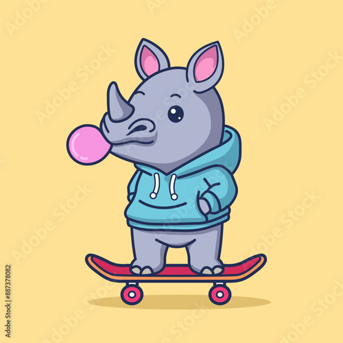 Cute rhino wearing hoodie and blowing gum on skateboard cartoon vector illustration
