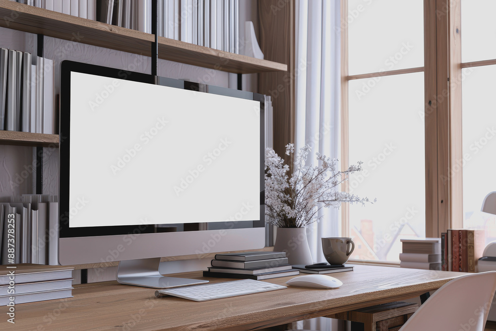 Fototapeta premium Contemporary home workspace with blank computer screen, shelves with books, natural light