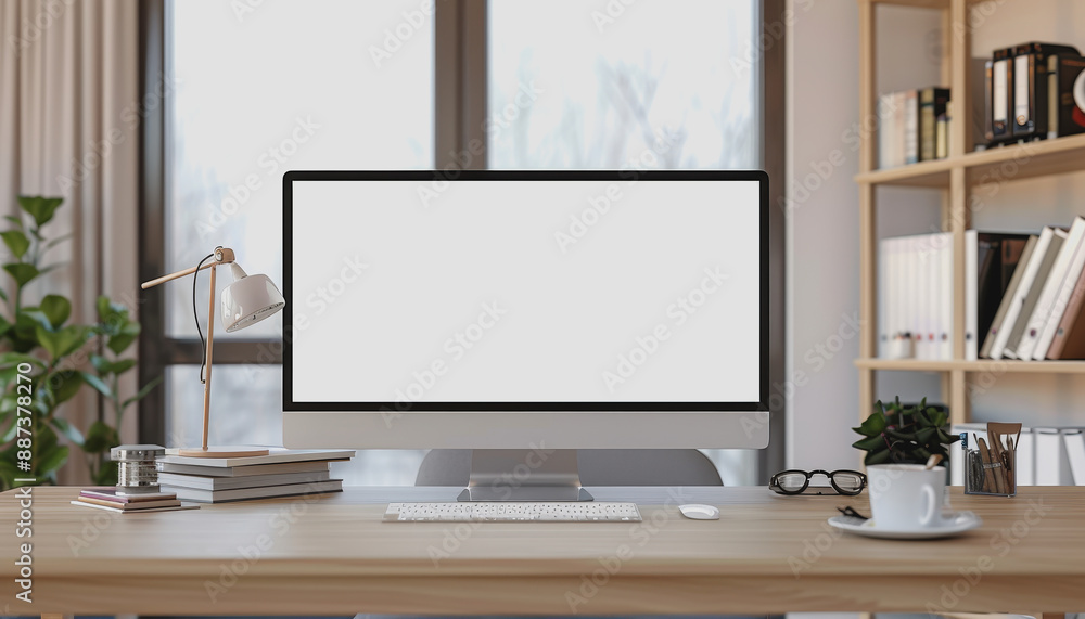 Fototapeta premium Contemporary home workspace with blank computer screen, shelves with books, natural light