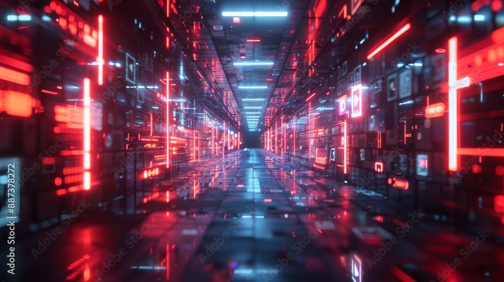 Fototapeta premium symmetrical 3d modern social media world with Instagram posts and reels with red and white lights 