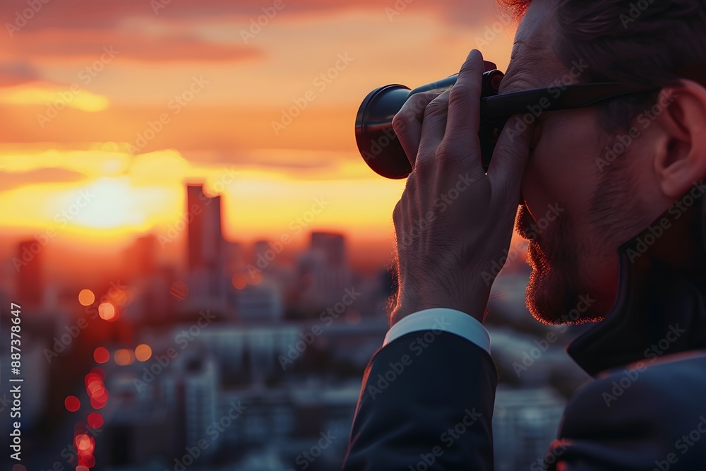 man using binoculars from a rooftop overlooking a bustling cityscape man using binoculars from a rooftop overlooking a bustling cityscape