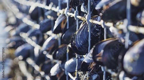 Mussel farming in the bay of Mont SaintMichel Cultivation of mussels known as bouchot mussels : Generative AI photo