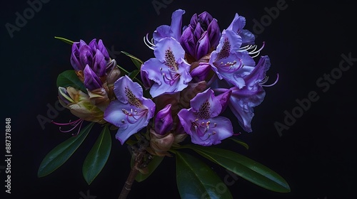 Rhododendron Catawbiense Grandiflorum purple flowers and buds close up Called Mountain rosebay Purple ivy Purple laurel Purple rhododendron Red laurel Rosebay Rosebay laurel : Generative AI photo