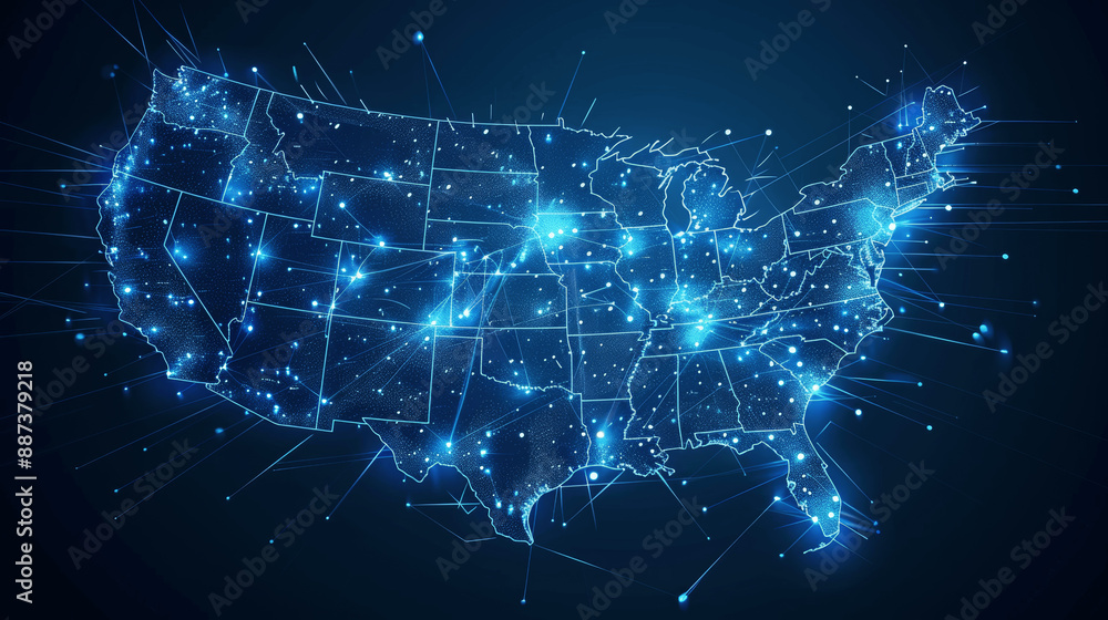 Abstract Digital Map of USA with Glowing Connections Representing Data Transfer and Connectivity on Dark Blue Background Abstract Digital Map of USA with Glowing Connections Representing Data Transfer and Connectivity on Dark Blue Background