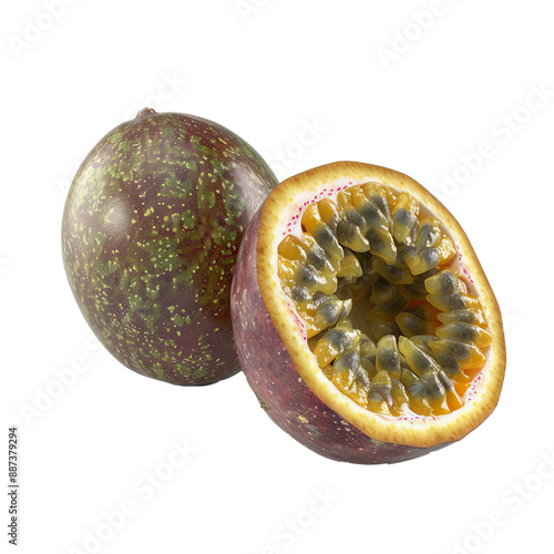 Cross section of a passion fruit with juicy pulp and seeds photo