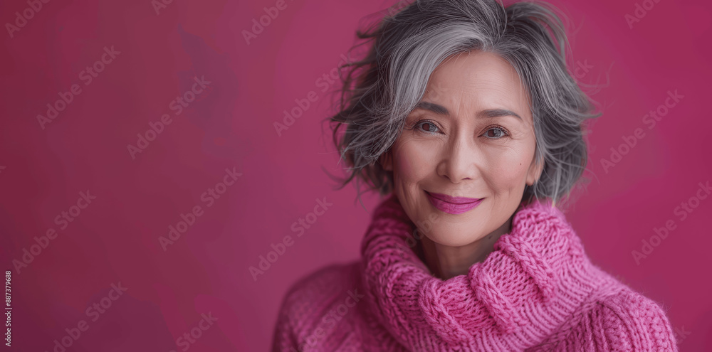 Portrait of Beautiful Senior Asian Woman in Pink Sweater Smiling for Breast Cancer Awareness Portrait of Beautiful Senior Asian Woman in Pink Sweater Smiling for Breast Cancer Awareness