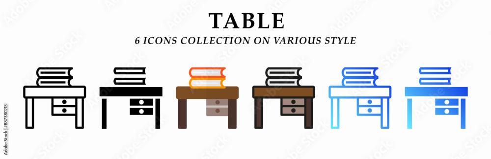 Table icons collection. 6 Various styles. Lineal, solid Black, flat, lineal color and gradient. For sign, symbol, presentation, infographic or web graphics. Vector Illustration. Table icons collection. 6 Various styles. Lineal, solid Black, flat, lineal color and gradient. For sign, symbol, presentation, infographic or web graphics. Vector Illustration.
