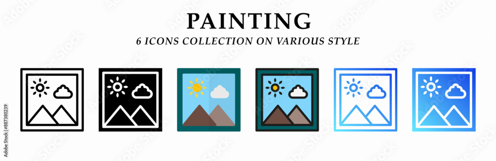 Painting icons collection. 6 Various styles. Lineal, solid Black, flat, lineal color and gradient. For sign, symbol, presentation, infographic or web graphics. Vector Illustration. Painting icons collection. 6 Various styles. Lineal, solid Black, flat, lineal color and gradient. For sign, symbol, presentation, infographic or web graphics. Vector Illustration.