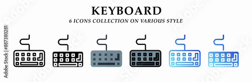 Keyboard icons collection. 6 Various styles. Lineal, solid Black, flat, lineal color and gradient. For sign, symbol, presentation, infographic or web graphics. Vector Illustration.