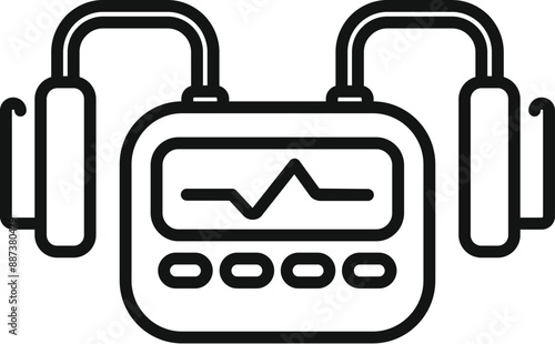 Line icon of a medical device measuring blood pressure with a display showing heartbeat