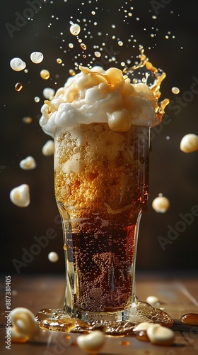 Dynamic shot of an overflowing glass of fizzy root beer, with foam and droplets splashing everywhere against a dark background. photo