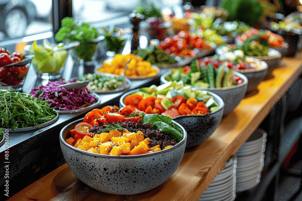 Vibrant Vegan Cafe with Colorful Salads, Grain Bowls, Fresh Juices for Health-Conscious Diners Vibrant Vegan Cafe with Colorful Salads, Grain Bowls, Fresh Juices for Health-Conscious Diners