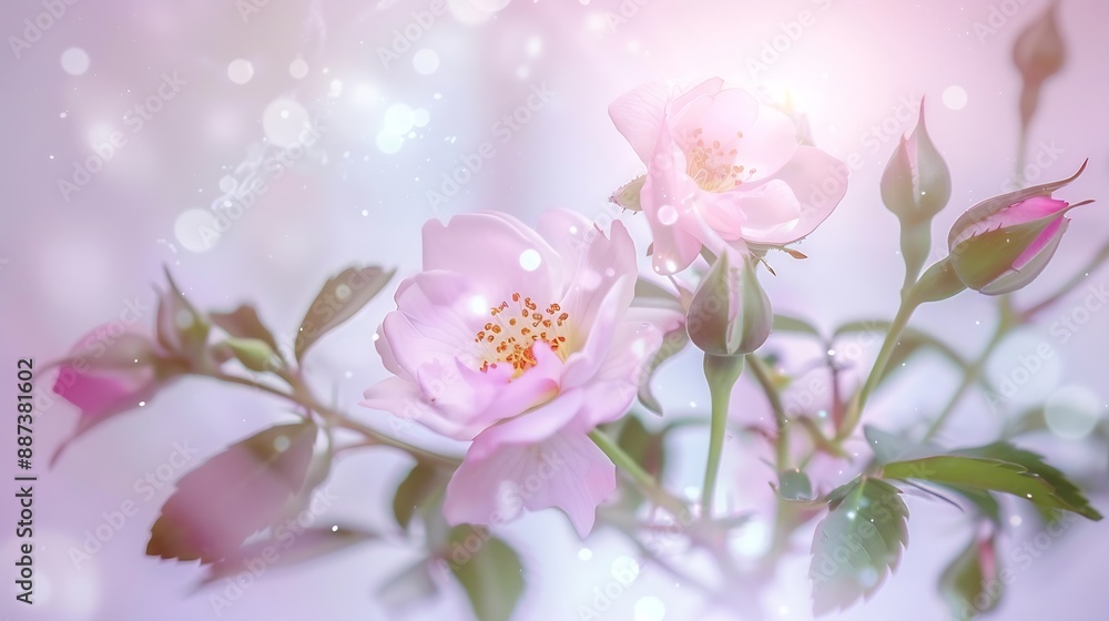 Fototapeta premium Branch of the flowering wild dogrose with light pink flowers leaves and flower buds on a light background closeup : Generative AI