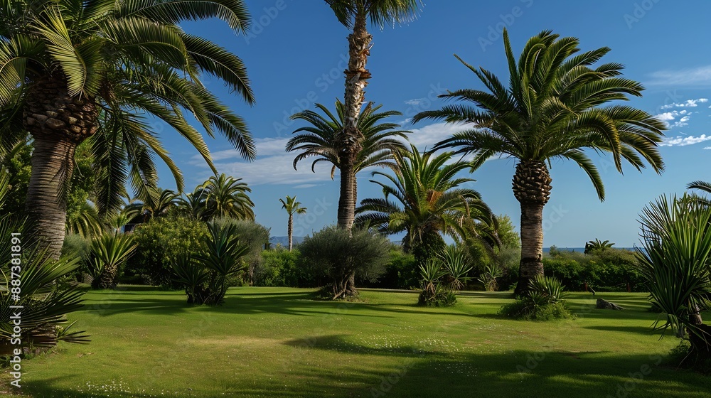 Palm trees in a holiday resort in Marina di Ragusa Sicily Italy : Generative AI Palm trees in a holiday resort in Marina di Ragusa Sicily Italy : Generative AI