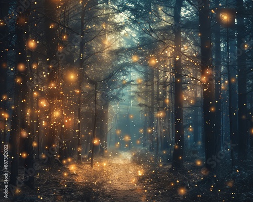 A magical forest path illuminated by glowing orbs, creating a whimsical and enchanting atmosphere.