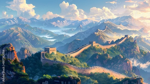 The Great Wall of China winding through mountainous landscapes.