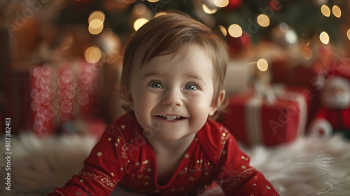 Smiling toddler in red Christmas pajamas holiday tree and gifts in the background Joyful