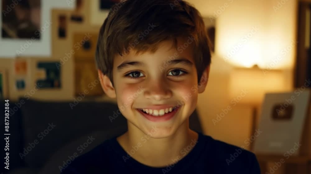 A young boy with brown hair smiles broadly at the camera, standing inside a home with a blurry background. A young boy with brown hair smiles broadly at the camera, standing inside a home with a blurry background.
