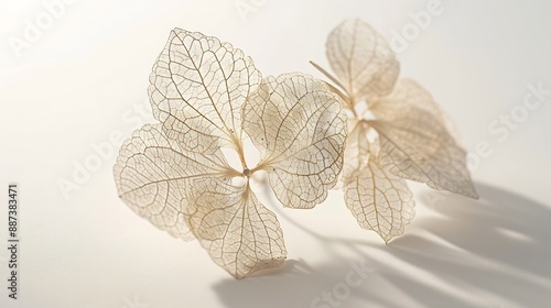 macro closeup of dried dry delicate skeleton leaves petals of hydrangea flowers blooms isolated on white background : Generative AI