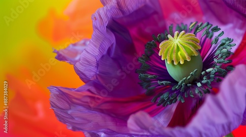 Closeup of a purple double poppy flower with vibrant red and green background : Generative AI