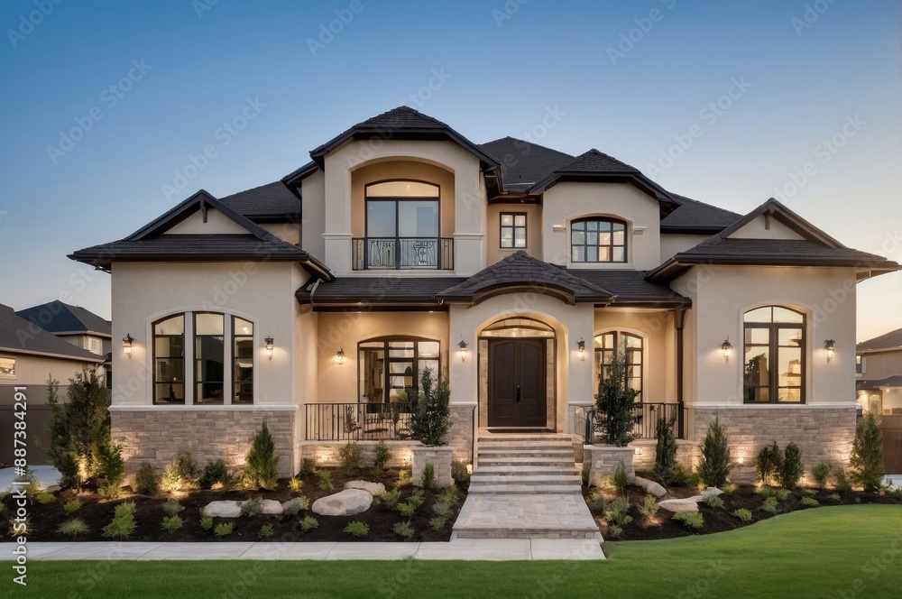 Modern two-story house with stone facade and landscaping Modern two-story house with stone facade and landscaping
