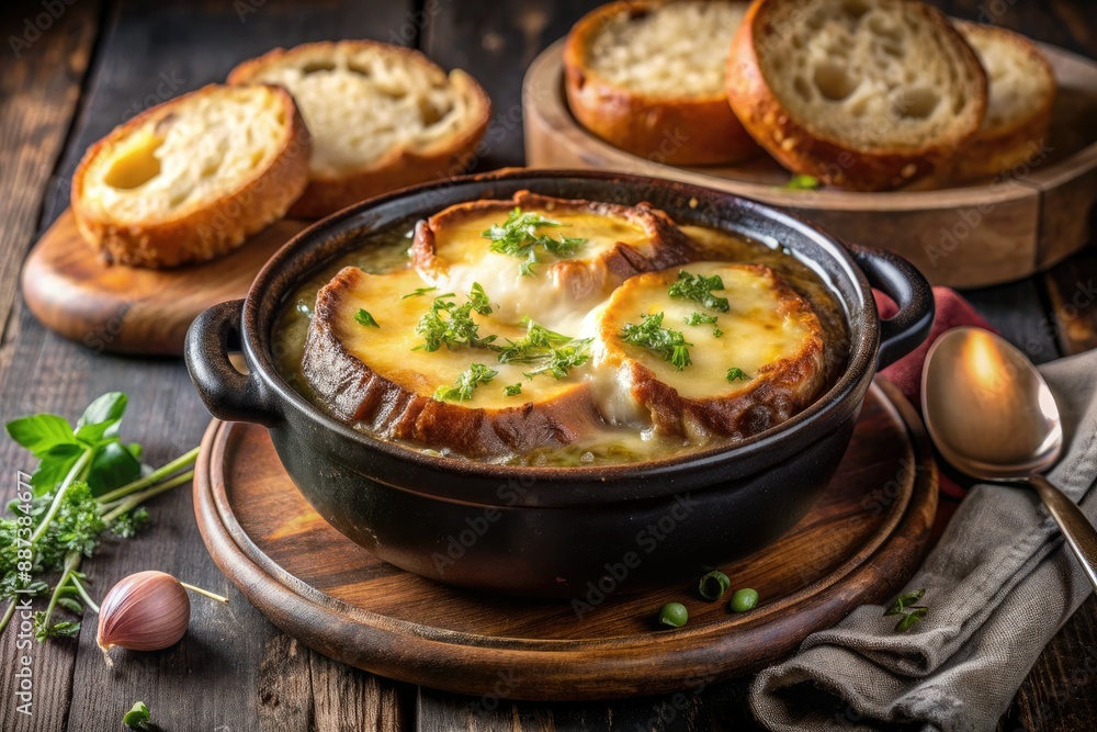 Richly flavored French onion soup fills a black plate, topped with a golden-brown crust of melted cheese and served with a slice of crusty bread. Richly flavored French onion soup fills a black plate, topped with a golden-brown crust of melted cheese and served with a slice of crusty bread.
