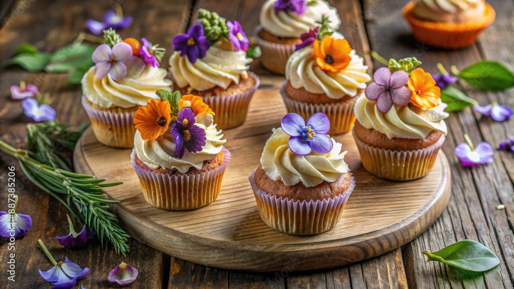 Delicate cupcakes adorned with edible flowers and greenery sit atop a distressed wooden cutting board, surrounded by organic elements in a soft violet and orange hue. Delicate cupcakes adorned with edible flowers and greenery sit atop a distressed wooden cutting board, surrounded by organic elements in a soft violet and orange hue.