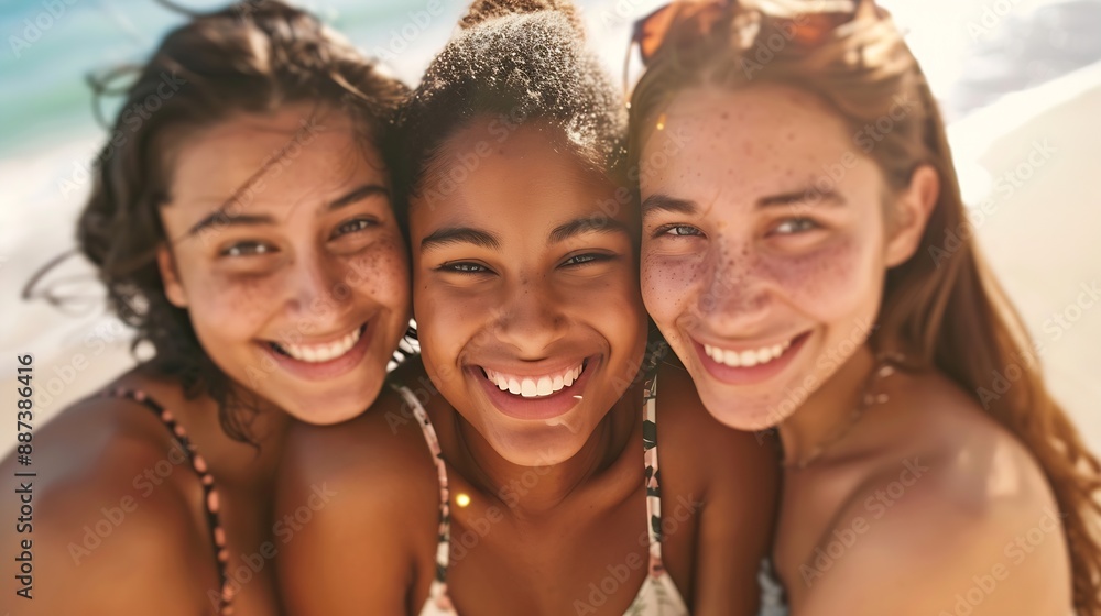 Three young women happy and smiling on the beach : Generative AI Three young women happy and smiling on the beach : Generative AI