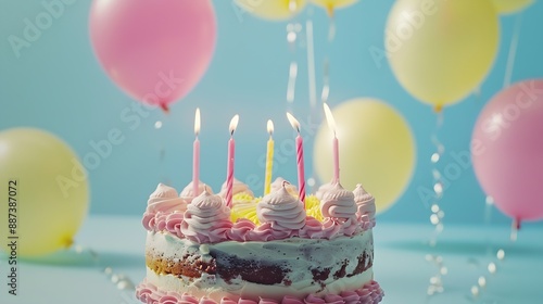 Pink birthday cake with birthday candles and pink and yellow party balloons against a blue background : Generative AI © Generative AI